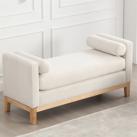 Buy Ottoman with Bolster Pillows & Wood Legs, Upholstered Bench, Elegant Indoor Bench, Entry Bench, 53.5"W Ottoman Bench for End of Bed, Bedroom, Living Room, Entryway, Ivory at Walmart.com End Of Bed Loveseat, End Of Bed Bench With Storage, Bedroom Benches Master, Bed Front Bench, End Of Bed Ideas, Bedroom Bench Ideas, White Fabric Headboard, Bench At End Of Bed, Nature Pillows