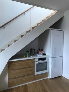 Kitchen under stairs Small Kitchen Under Stairs, Refrigerator Under Staircase, Refrigerator Under Stairs, Kitchen Under Stairs Ideas, Fridge Under Stairs, Kitchen Near Stairs, Understairs Kitchen, Open Under Stairs Ideas, Under Stairs Kitchen