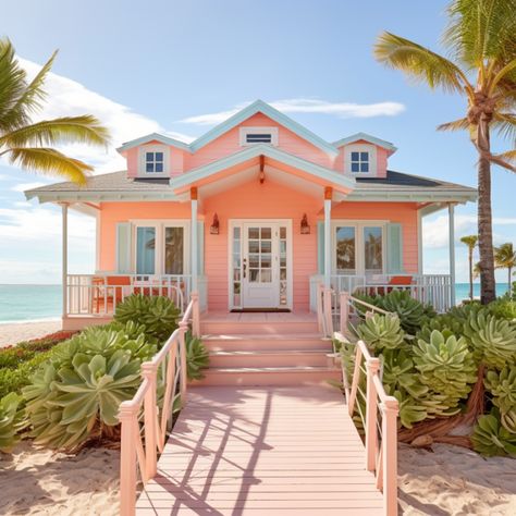 Coral Exterior House Colors, Pink Beach House Exterior, Small Beach House Aesthetic, Coral House Exterior, Pastel Beach House, Beach House Exterior Paint Colors, Bloxburg Towns, Pink Beach Aesthetic, Coral Beach House