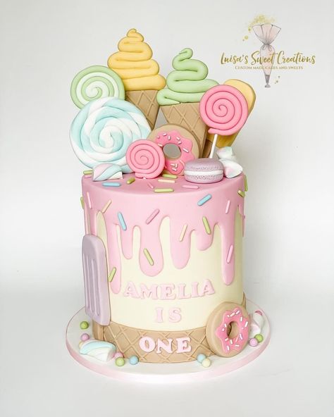 Luisa’s Sweet Creations on Instagram: “I absolutely love this candy land cake. It’s been on my cake bucket list for ages. So happy with it. 🍭🍬🍦🍩 #cakemaker #cakedesign…” Candyland Party Cake, Candyland Cake Design, Candy Land Theme Cake, Candy Land Birthday Cake, Candyland Birthday Cake, Cream Birthday Theme, Candy Land Cake, Ice Cream Birthday Party Theme, Cake Magazine