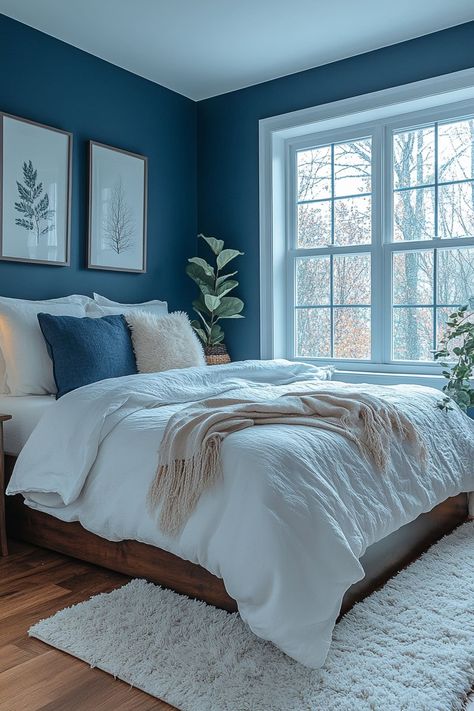 New 24+ Dark Blue Apartment Designs to Try Blue Bedroom Dark Furniture, Dark Blue Bedding Aesthetic, Navy Bedroom Aesthetic, Dark Blue Wall Bedroom, Blue Apartment Aesthetic, Blue Accent Wall Bedroom, Blue Aesthetic Bedroom, Dark Blue Bedroom Walls, Bedroom Ideas Blue