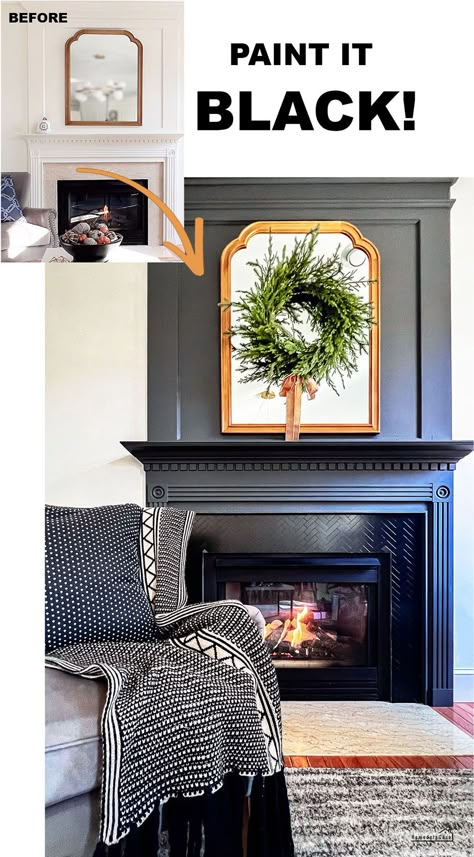 Paint it Black! Fireplace makeover How To Paint Wood Fireplace, Repaint Fireplace Mantle, Painting A Mantle Black, White Tile Black Grout Fireplace, Decorating A Black Fireplace, Painted Drywall Fireplace, Fireplace Built Ins Black, Dark Painted Fireplace Wall, White Room Black Fireplace