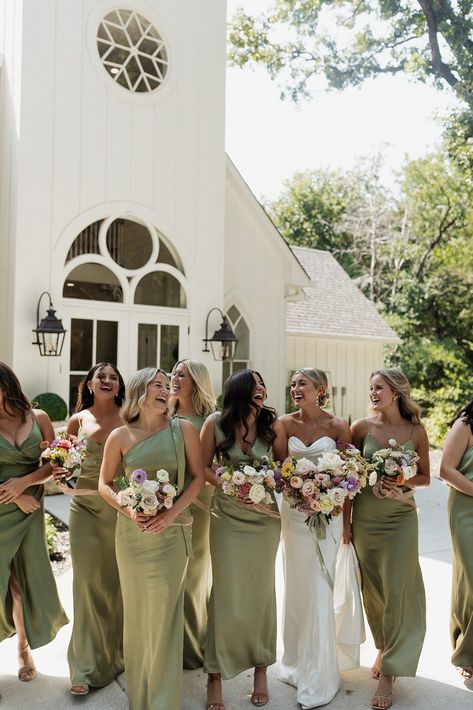 Danielle + Braden by Chandler J Photo - Together Journal - Weddings Beach Wedding Olive Green, Wedding Flowers With Green Dresses, Classy Bridal Party Colors, Olive Green Bridal Party Color Schemes, Sage Green Bridesmaid Dresses Mismatched Shades, Woodsy Wedding Bridesmaid Dresses, Green And White Wedding Bridesmaids, Bridesmaid Dress Colour Ideas, Bridesmaid Dresses Off White