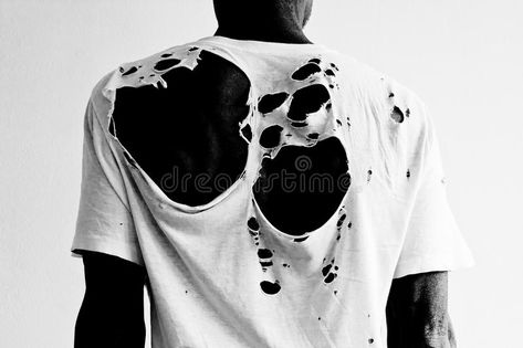 Back of a man wearing a torn white t-shirt. Back of a black man wearing a natura #Sponsored , #AD, #sponsored, #wearing, #black, #natura, #torn Zombie Clothes, Ripped Shirts, Ripped Tshirt, Damaged Clothes, Concept Clothing, Drawing Clothes, White T, White Tshirt, Black Fabric