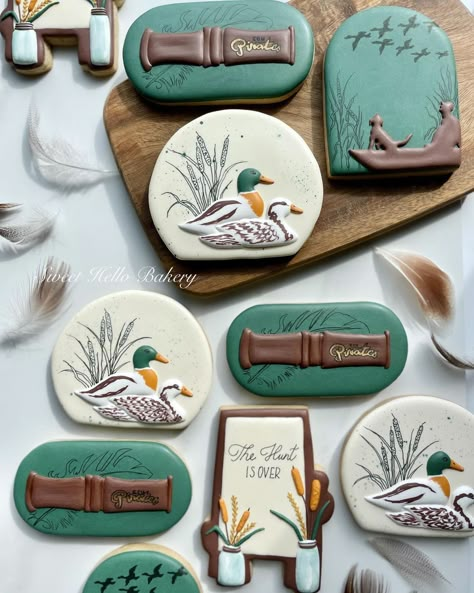 Duck hunting cookie set for the groom 🦆 . When I worked on the ducks design, I left the background empty but after I finished decorating… | Instagram Hunting Baby Shower Ideas, Duck Hunting Wedding, Duck Cookies, Baby First Birthday Themes, Engagement Cookies, Hunting Wedding, Hunting Baby, Duck Birthday, Balloon Arrangements