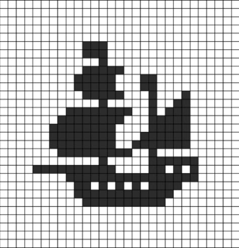 A pixel art template of a pirate ship silhouette. Crochet Pirate Ship, Pirate Ship Pixel Art, Boat Pixel Art, Pirate Perler Bead Patterns, Pirate Cross Stitch, Pirate Pixel Art, Pirate Ship Silhouette, Black And White Pixel Art, Ship Template