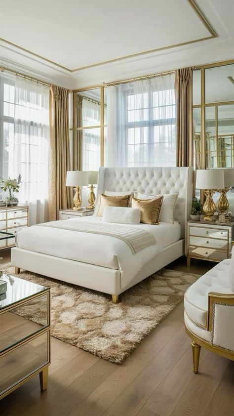 Gold Bedroom Ideas Color Schemes, White And Gold Theme Bedroom, Gold And White Apartment, Gold And White Room Aesthetic, Glam Master Room Bedroom Ideas, Gold Apartment Aesthetic, Champagne Gold Bedroom, White And Gold Room Aesthetic, Classy Teen Bedroom