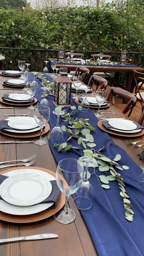 October vibes | Wedding dinner table setting, Wedding table setup, Navy blue wedding Blue And Gold Wedding Table, Wedding Blue Table, Blue Table Decorations, Wedding Dinner Table Setting, Plates And Silverware, Navy Table Runner, Green Table Settings, Navy Blue Table Runner, Wedding Dinner Table