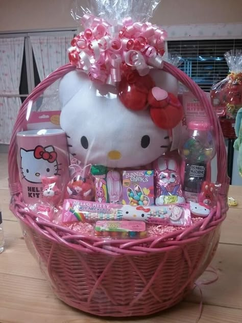 19 DIY Easter Basket Ideas For Kids & Toddlers | Munchkins Planet Hello Kitty Theme Gift Basket, Hello Kitty Birthday Gift Basket, Diy Gifts Hello Kitty, Birthday Basket Hello Kitty, Hello Kitty Birthday Present, Hello Kitty Birthday Basket, Hello Kitty Birthday Gifts, Hello Kitty Easter Basket, Gift Ideas Hello Kitty