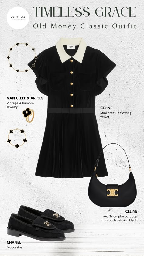 This outfit exudes refined sophistication, featuring a flowing velvet mini dress by Celine complemented by the iconic Ava bag. The look is completed with classic Chanel moccasins and Van Cleef & Arpels' timeless jewelry from the Vintage Alhambra Collection! #SophisticatedStyleClassy #ClassyLooksForWomen #ElegantCasualOutfitSummerClassy #SummerOutfits #ClassicChicOutfits #OldMoneyOutfits #OldMoneyStyle #WealthyWomenStyle #OldMoneyClothes Classic Chanel Dress, Chanel Casual Outfit Women, Chanel Casual Dress, Celine Outfits Women, Channel Dress Classy, Celine Outfit Style, Chanel Dress Casual, Chanel Moccasins, Dior Outfits Women