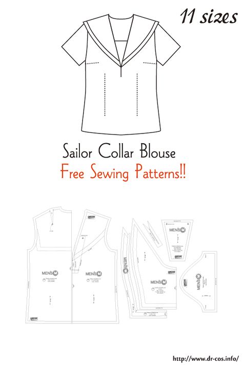 This is the pattern of a Sailor Collar Blouse.   inch size(letter size) Children's-4,8,10/Ladies'-S,M,L,LL/Men's-S,M,L,LL   cm size(A4 size) Children's-100,120,140/Ladies'-S,M,L,LL/Men's-S,M,L,LL How To Make A Sailor Collar, Sailor Uniform Pattern, Poet Shirt Pattern Free, Sailor Collar Pattern, Collars Pattern, Collar Blouse Pattern, Sailor Collar Blouse, Hat Sewing Pattern, Shirt Collar Pattern