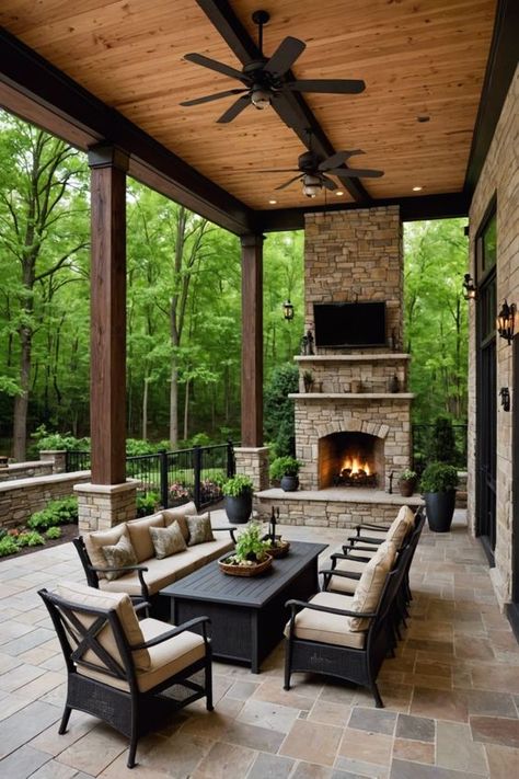 Outdoor oasis inspiration! Discover 20 stunning covered outdoor patio ideas to transform your backyard into a cozy retreat. Get ready to relax and entertain in style. Explore now and start planning your dream patio! Backyard Patio Designs Walkout Basement, Outdoor Fireplace Patio Covered, Dream Patio Outdoor Living Spaces, Outdoor Covered Patio With Fireplace, Covered Outdoor Patio Ideas, Basement Entry, Dream Backyards, Tropical Patio, Cabin Porch