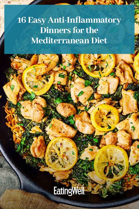 It takes just 30 minutes or less to make these Mediterranean diet dinner recipes that can help you combat symptoms of chronic inflammation. Recipes like our saucy Chicken Tinga Baked Pasta and protein-packed Chicken Piccata Casserole are healthy, flavorful and nourishing dinner winners. Easy Low Inflammation Dinner, Mediterranean Diet Recipes Dinners Chicken, Antiinflammatory Meals Dinner Recipes, Anti Inflammation Diet Dinner Recipes, Clean Eating Chicken Recipes For Dinner, Anti Inflammation Mediterranean Diet, Anti Inflammation Pasta Recipes, Healthy Mediterranean Pasta, Anti Inflammation Dinner Recipes Healthy