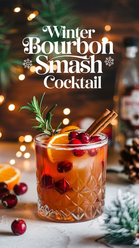 "Warm up this season with a delightful Winter Bourbon Smash Cocktail! This easy-to-make recipe blends rich bourbon with seasonal fruits and spices, perfect for cozy gatherings. Discover the best in winter cocktails and elevate your holiday celebrations with this festive beverage. Ideal for any occasion, this smash cocktail is a must-try among bourbon recipes and seasonal drinks. Cheers to delicious holiday cocktails!" Bourbon Cocktail Winter, Bourbon Smash Cocktail, Winter Drinks Alcoholic, Easy Winter Cocktails, Easy Holiday Cocktails, Christmas Cocktails Easy, Spiced Cocktail, Christmas Drinks Alcohol Recipes, Bourbon Cocktail Recipe