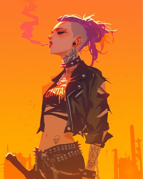 Punk Street Photography, Punk Dnd Character, Futuristic Character Design Cyberpunk, Cyberpunk Musician, Street Gang Aesthetic, Punk Aesthetic Women, Colorful Punk Outfits, Cyberpunk Haircut, Cyberpunk Art Style