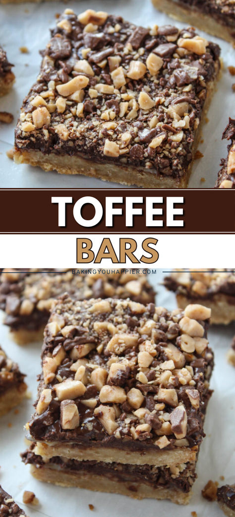 Toffee Bars, a simple shortbread crust with layers of gooey chocolate and toffee bits come together nicely for a perfect holiday treat! Toffee Crisp Bars, Chocolate Mud Bars, Heath Toffee Bars, Dessert With Toffee Bits, Health Bars Recipes, Skor Bits Recipes, Recipes Using Heath Toffee Bits, Heath Bits Recipes, Skor Bar Squares