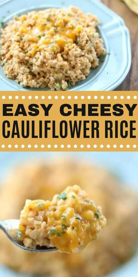 Easy Cheesy Cauliflower Rice Recipe (& VIDEO!) - Keto Cauliflower Rice Easy Cheesy Rice, Cheesy Cauliflower Recipes, Easy Cheesy Cauliflower, Cheesy Cauliflower Rice, Easy Keto Chicken Recipes, Cauliflower Recipes Healthy, Cauliflower Rice Recipe, Keto Side Dish, Cheesy Rice