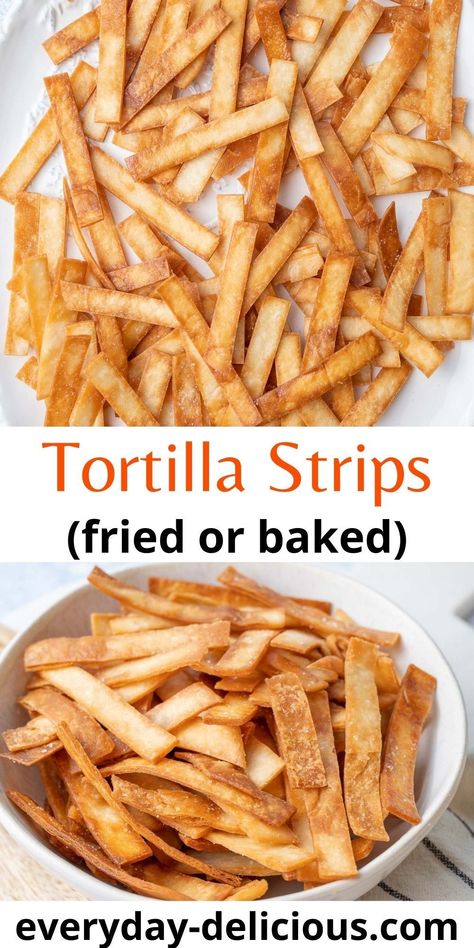 Homemade crispy tortilla strips are really easy to make and taste so much better than store-bought. You can use them as topping for soups or salads or just eat them as a snack (but be careful, it’s really hard to stop snacking on them!). Tortilla Strips For Soup, Homemade Tortilla Strips, Taco Night Recipes, Dinner Sides Recipes, Flour Tortilla Chips, Fried Tortilla Chips, Stop Snacking, Biscuits Recipes, Homemade Nachos