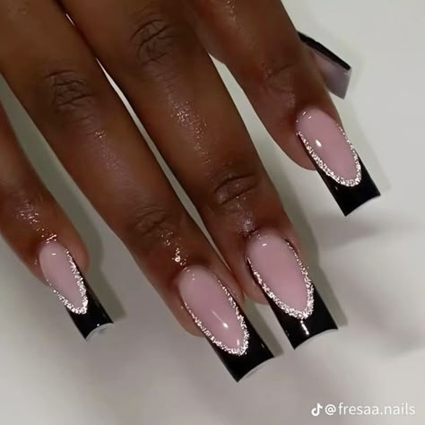 Nail Inspo For Black Prom Dress, Black French Tip Nails Glitter, Black French Tip With Glitter, Black Prom Nails, Black Acrylic Nail Designs, Nye Nails, Black French Tip, Black Tips, Nails Extra