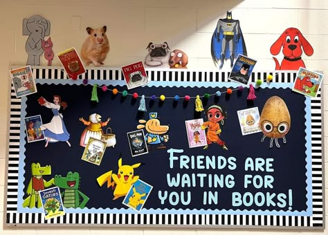 Library Section Signs, Welcome Back Hallway Display, Book Bulletin Board Preschool, Book Character Display, Library Book Return Box Cute Ideas, Class Library Bulletin Board, Fall Library Bulletin Boards Elementary, Books We've Read Bulletin Board, Reading Specialist Bulletin Board