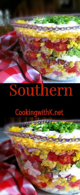 Layered Cornbread Salad, Southern Cornbread Salad, Cornbread Salad, Spring Recipe, Southern Cornbread, Layered Salad, Southern Kitchen, Bread Salad, Potluck Dishes