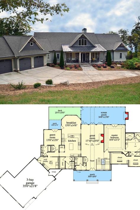 View of the lovely craftsman exterior, garage, driveway, and front yard landscaping of this one story mountain house plan for sloped lots. It has 5 bedrooms, 4.5 bathrooms, and photos of luxury elegant ranch interior. Get this over 2500 sq ft floor plan, home layout and blueprint at: https://www.architecturaldesigns.com/house-plans/mountain-ranch-with-walkout-basement-29876rl?cjevent=f5ff41c3e20911ea8305004f0a180512 #MountainHousePlans #SlopedLotHousePlans #HousePlans Ranch Style With Basement Floor Plans, Walk In Basement House Plans, Walkout Ranch Floor Plans, Ranch On Basement Floor Plans, Angle House Plans, House Floor Plans One Level 3000 Sq Ft, 2 Story House With Walk Out Basement, Walkout Basement Layout Ideas, 2 Story House Plans With Walkout Basement