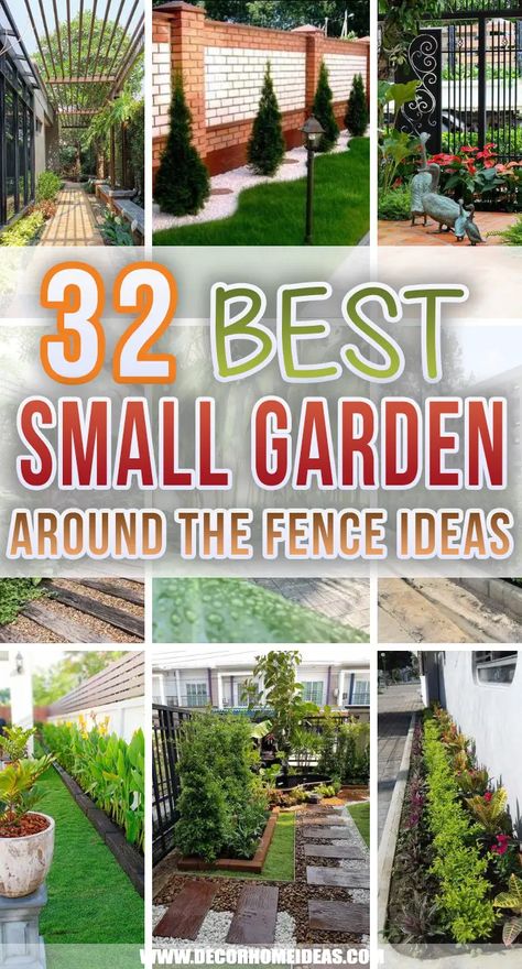 Landscping Small Garden Around The Fence Ideas. Spruce up the space around the fence with these beautiful landscaping ideas for small gardens. Add flowers, mulch, or river rocks to create more charm along the fence. #decorhomeideas Garden Around Fence Line, Narrow Gardens Along Fences, Side Fence Garden Ideas, Garden On A Fence Ideas, Small Backyard Planting Ideas, Small Lawns Ideas, Landscaping For Small Spaces, Fences With Plants, Small Property Landscaping