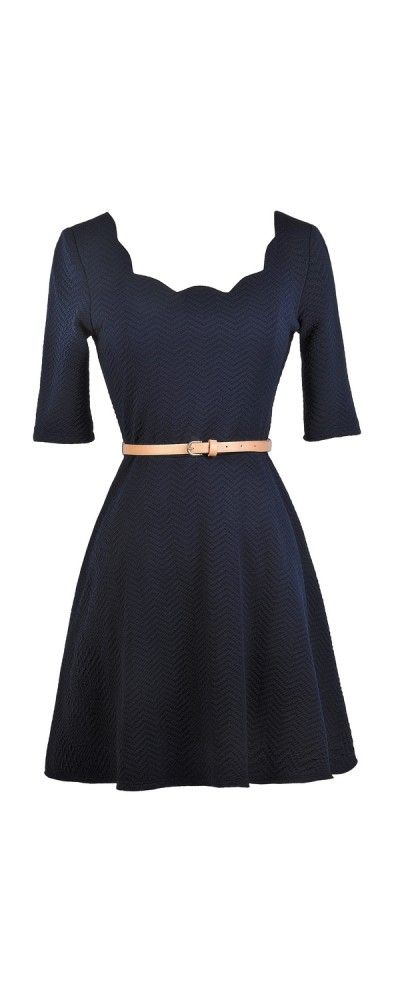 Lily Boutique In The Navy Scalloped Neckline Belted Dress, $38 Navy A-line Dress, Cute navy Dress, Navy Three Quarter Sleeve Dress www.lilyboutique.com Navy Blue Dress With Brown Belt, Scalloped Neckline Dress, Babydoll Dress Outfit Winter, Fashion Week Aesthetic, Scallop Neckline, Quarter Sleeve Dress, Three Quarter Sleeve Dresses, Scalloped Neckline, In The Navy