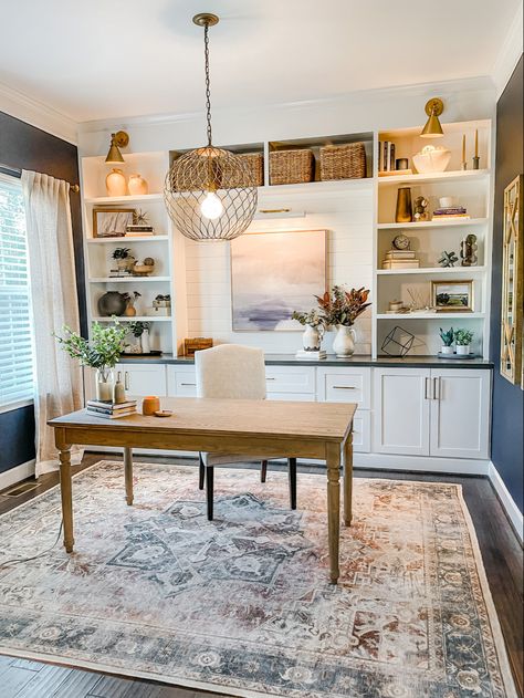 Built In Wall Office, Home Office With White Built Ins, Home Office With Table In The Middle, Home Office With Bookcases, Office White Built Ins, Home Office White Built Ins, Basement Office Built Ins, White Office Inspiration, Painted Built Ins Office