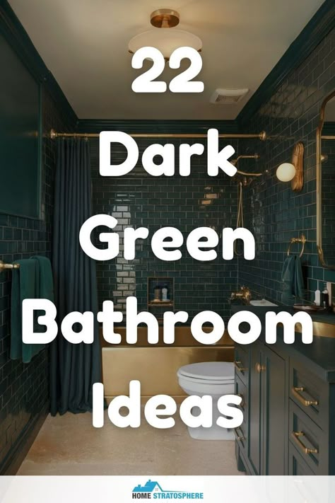 A dark green bathroom with glossy tiles and gold finishes, showcasing a large vanity and a cozy, stylish atmosphere. Dark Green Bathroom Shower Curtain, Green Bathroom Vanity Brown Granite, Bathroom Remodel Emerald Green, Green Boho Bathroom Ideas, Dark Green Tile Bathroom Ideas, Sherwin Williams Cascades Bathroom, Bathroom With Dark Green Walls, Small Bathroom Dark Ceiling, Black Tan And Green Bathroom