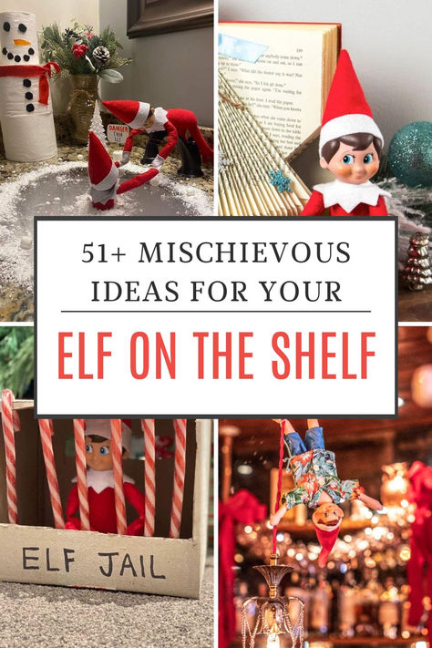 Mischievous elf on the shelf ideas showcasing a collection of funny elf scenes, including a candy cane jail and other playful displays. Milk Went Bad Elf On The Shelf, Outrageous Elf On The Shelf Ideas, Elf Messy Ideas, Elf In Shelf Idea, Elf On The Shelf Ideas With Toilet Paper, Shelf Elf Ideas, Elf Mess Ideas, Elf Target Practice, Elf Kitchen Ideas