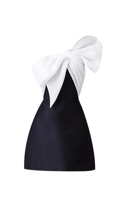 This daring dress features a unique bow-tie design and an off-shoulder neckline, creating a chic and eye-catching look. Perfect for those who love to stand out and take risks in their style. Elevate your wardrobe with this must-have dress! Fabric: Polyester Colour may vary due to lighting on images. The product images Black And White Bow Dress, Black And White Dress Outfit Formal, Dress With Bow In The Back, Best Dresses For Short Women, Dress With Bow On Shoulder, Christmas Party Dress Classy, Bow Shoulder Dress, Dresses With Bows, Unique Hoco Dresses