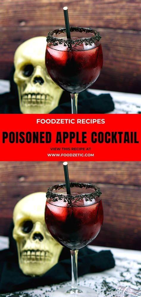 Easy Halloween Batch Cocktails, Apple Halloween Cocktail, Signature Halloween Cocktails, House Cocktails, Halloween Blood Bag Drinks Alcohol, Halloween Apple Drinks Alcohol, Crown Apple Halloween Drinks, Poison Cocktail, Poison Apple Drink Cocktail Recipes