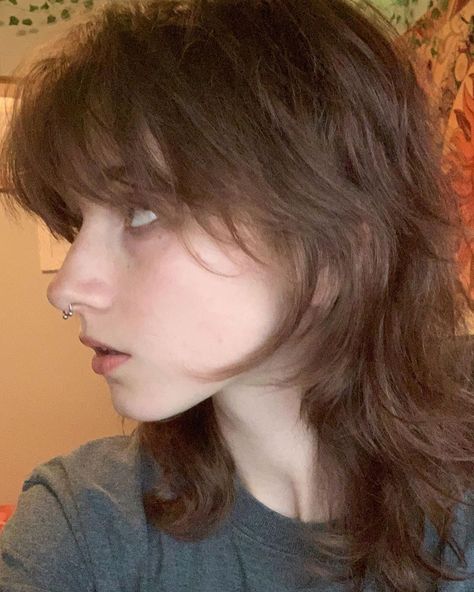 Soft Female Mullet, Medium Length Shullet, Shag Haircut Brunette, Alt Female Haircuts, Shaggy Mullet For Women Short Straight, Long Nonbinary Hairstyles, Short Shaggy Brown Hair, Shaggy Choppy Hairstyles, Gender Neutral Haircuts Long