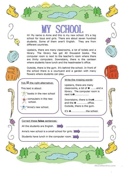 MY SCHOOL - English ESL Worksheets for distance learning and physical classrooms Reading Comprehension For Kids, Reading Comprehension Lessons, Learning English For Kids, English Worksheets For Kids, Reading Comprehension Activities, English For Kids, English Classroom, Reading Comprehension Passages, English Lessons For Kids