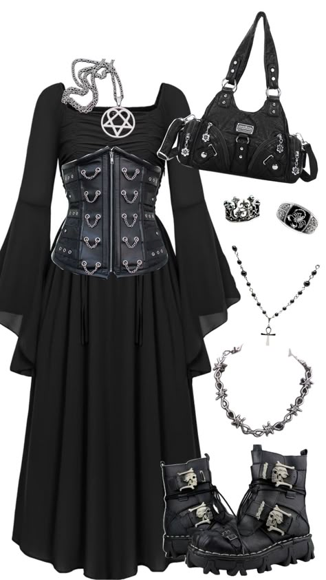 #goth #gothic #tradgoth #metalhead #alternative #rock #altfashion Gothic Outfit Ideas Casual, Gothic Witch Outfits, Dark Witch Outfit, Goth Outfits For Women, Goth Witch Outfits, Ghost Concert Outfit, Metal Girl Outfit, Metal Head Outfits, Goth Outfits Winter