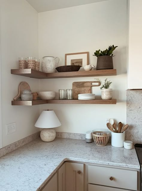 Corner Shelves Kitchen, Kitchen Shelf Styling, Suite Decor, Floating Kitchen Shelves, Kitchen Floating Shelves, Kitchen Shelf Decor, Kitchen Wall Shelves, Floating Shelves Kitchen, Prep Sink