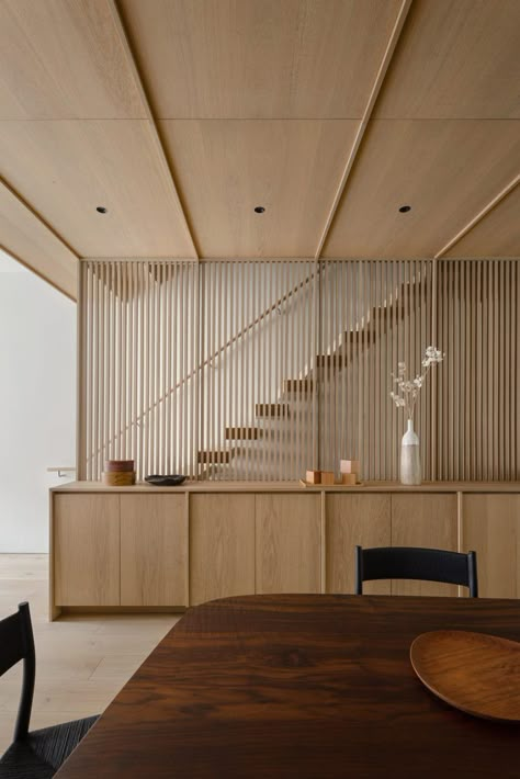 Wooden Panelling, New Staircase, Japanese Interiors, Japandi Interior, Oak Panels, Wooden Staircases, Staircase Design, Stairs Design, Staircases