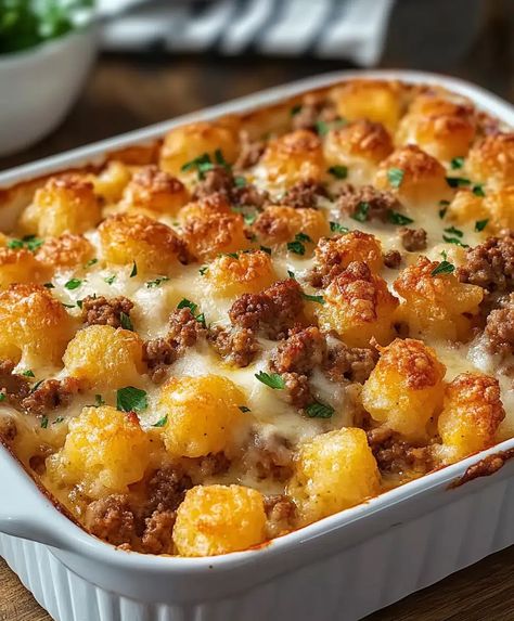 Tater Tot Casserole With Ground Beef Recipe - sandyrecipes.com Crockpot Tater Tot Casserole With Ground Beef, Mac And Cheese Tator Tot Casserole, Hamburger Tot Casserole, Gator Tot Hot Dish, Skillet Tater Tot Casserole, Tater Tot Beef Casserole, Homemade Tater Tot Casserole, Tater Tot Cowboy Casserole, Hamburger Meat And Tator Tots Recipes