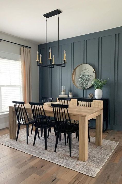 Transitional Dining Room Decor, Dining Room Accent Wall, Penthouse Living, Dining Room Accents, Black Chairs, Transitional Dining Room, Dining Room Remodel, Dinning Room Design, Accent Walls In Living Room