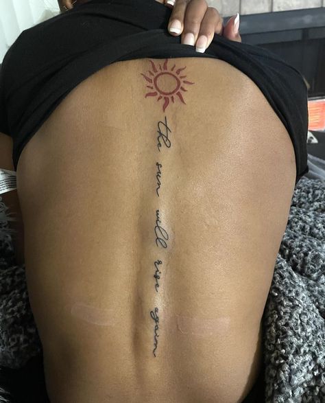 Spine Tattoo A Lot Of Small Tattoos, Sun Spine Tattoo, The Sun Will Rise Again, The Sun Will Rise, Sharpie Tattoos, Spine Tattoos For Women, Spine Tattoo, Spine Tattoos, Piercing Ideas