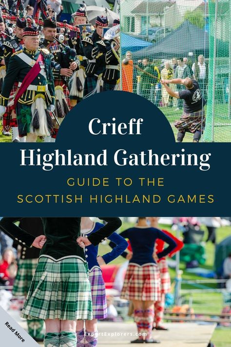 Known as “Scotland’s Premier  Highland Games,” the Crieff Highland Gathering takes place every August. A cultural festival of strength and agility. Marvel at the caber toss, hammer throw, tug of war, highland dancing, bagpipes, track and field events, and so much more. Great day out in the Scottish Highlands. Via ExpertExplorers.com | #Scotland #UK # Festival Caber Toss, Highland Games Scotland, Nanowrimo 2023, Scottish Party, Scottish Games, Scottish Highland Games, Track And Field Events, Scottish Festival, Hammer Throw