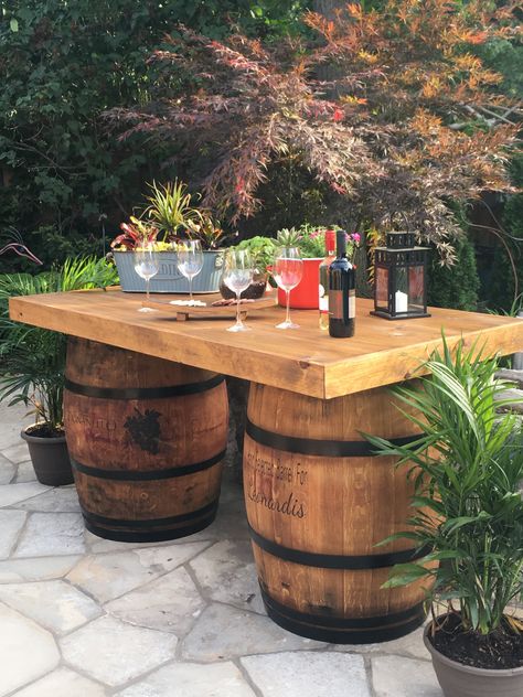 Skirted table top for 2 barrels. Whiskey Barrel Table, Wine Barrel Decor, Wine Barrel Bar, Wine Barrel Table, Wooden Barrels, Barrel Projects, Barrel Decor, Wine Barrel Furniture, Barrel Bar