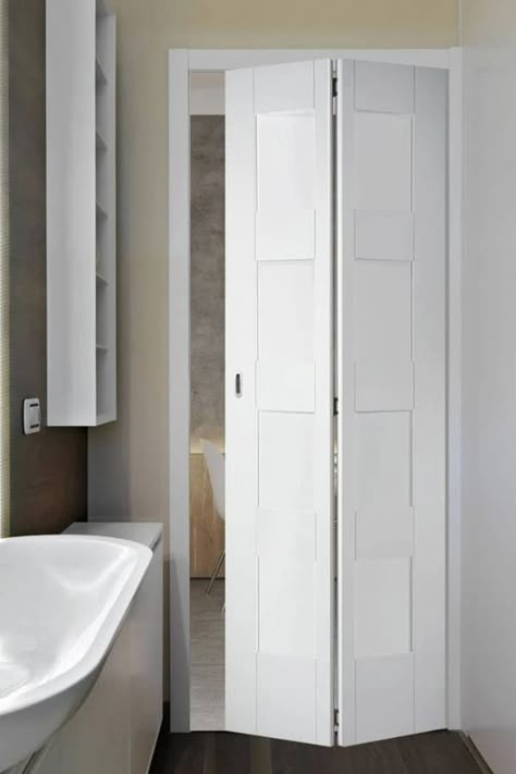 Sliding Doors Bathroom Small Spaces, No Door Bathroom Ideas, Alternative Bathroom Door, Corner Bathroom Door, Ensuite Bathroom Door Ideas, Small Door Bathroom, Folding Bathroom Doors, En-suite Bathroom Doors, Bifold Door On Bathroom