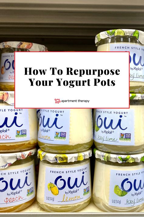 Reuse Oui Yogurt Jars, Repurpose Yogurt Jars, Yoplait Glass Jar Crafts, Repurposed Oui Yogurt Jars, Craft Ideas For Oui Yogurt Jars, Reuse Yogurt Containers, Yogurt Glass Jar Ideas, Oui Jars Ideas, Repurposing Oui Yogurt Jars