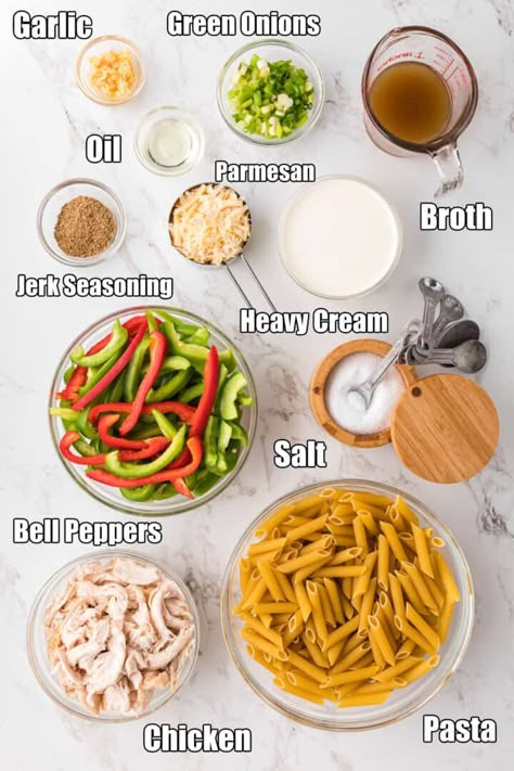 ingredients for Rasta Pasta. Jamaican Jerk Pasta, Rasta Pasta Recipes, How To Make Rasta Pasta, Jamaican Pasta Recipes, Jamaican Jerk Chicken Pasta, Rasta Pasta Easy, Rasta Pasta Jamaican Chicken, Jerk Rasta Pasta, Jamaican Pasta