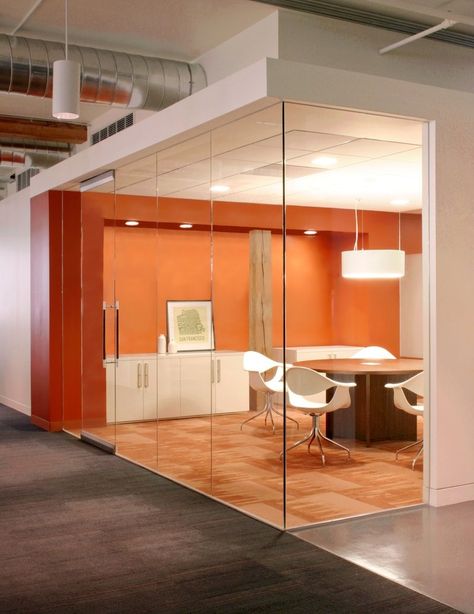 Dolby's Orange Conference Room Design Chic Office Space, Conference Room Design, Cool Office Space, Office Design Inspiration, Office Meeting Room, Interior Design School, Office Furniture Design, Cool Office, Chic Office