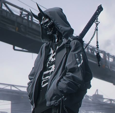 Ninja Outfit Design, Male Techwear Aesthetic, Futuristic Character, Techwear Mask Aesthetic, Cosplay Techwear Hoodie, Dark Techwear Aesthetic, Samurai Jacket Cyberpunk, Samurai Clothing, Cyberpunk Outfit