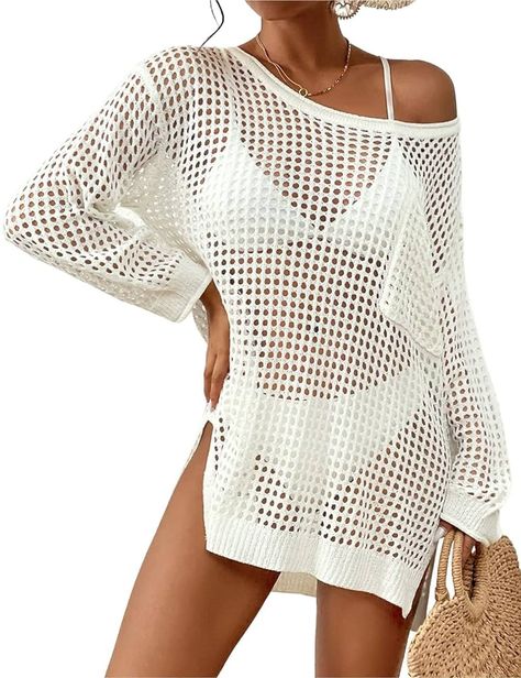 Bsubseach Crochet Cover Up for Swimwear Women Pool Swimsuit Coverup Long Sleeve Beach Knit Tops White : Amazon.ca: Clothing, Shoes & Accessories Womens Beach Dresses, Streetwear Dress, Spring Summer Fashion Trends, Crochet Swim, Delicate Crochet, Crochet Cover, Amazon Fashion Finds, Crochet Swimwear, Crochet Cover Up