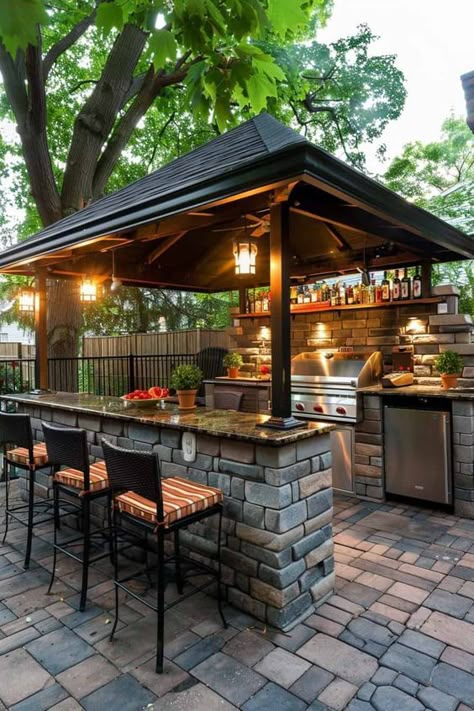 gazebo backyard kitchen with BBQ Outdoor Kitchen Design Diy, Gazebo Backyard, Farmhouse Outdoor Kitchen, Outdoor Kitchen Design Modern, Kitchen Design Diy, Small Backyard Landscaping Ideas, Kitchen Design Layout, Farmhouse Outdoor, Woodworking Shop Projects